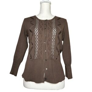 Merona Brown Cardigan Sweater Crochet Trimmed Button Down Women's Size L